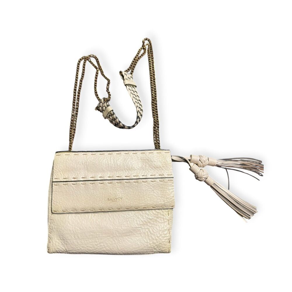 Lanvin Cream Leather Crossbody Bag Gold Chain Accent Brown‎ Interior